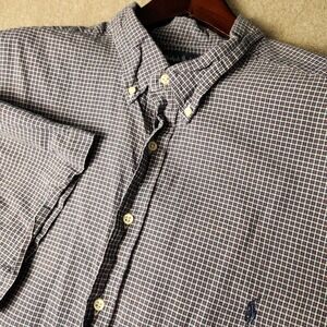 Polo Ralph Lauren Mens Short Sleeve Button Down Shirt Navy Blue Check Pony Logo